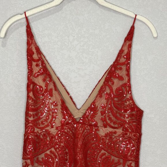 Free People Romper Womens 0 Red Sequin Lace Mesh V Neck Spaghetti Straps Mini - Picture 7 of 12